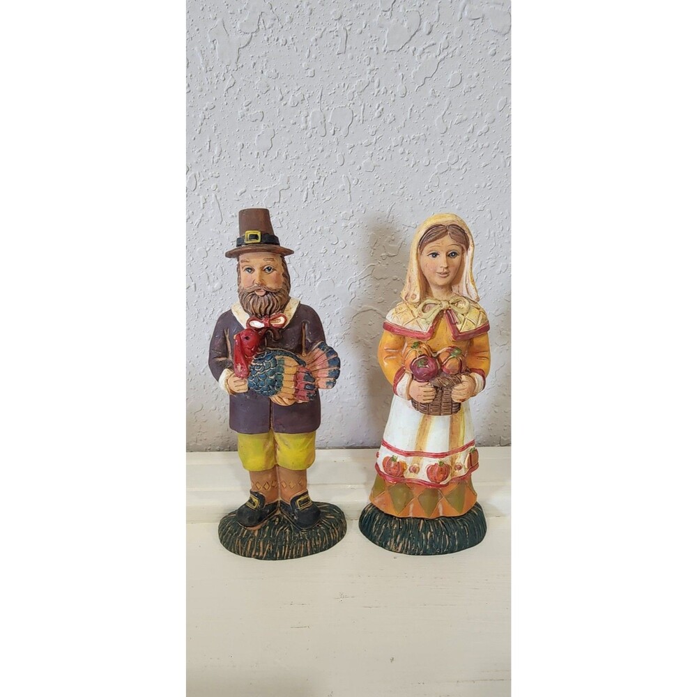 5" Resin Thanksgiving Pilgrim Couple Figurines Mini Folk Art Harvest Decor Set
